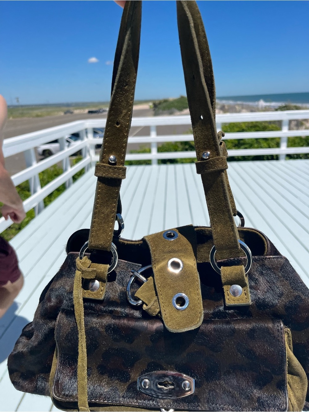 Via Republica Olive Suede Accent Leopard-Print Shoulder Bag some wear Vintage,